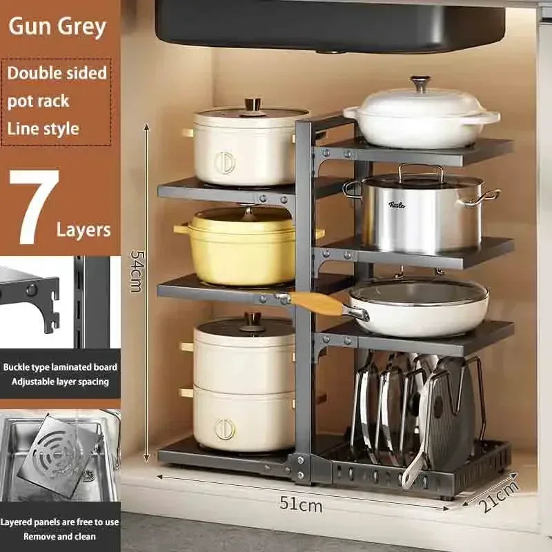Kitchen Under Sink Pot Holder Multilayer Frying Pan Rice Cooker Seasoning Storage Rack Adjustable Stainless Steel Organizer