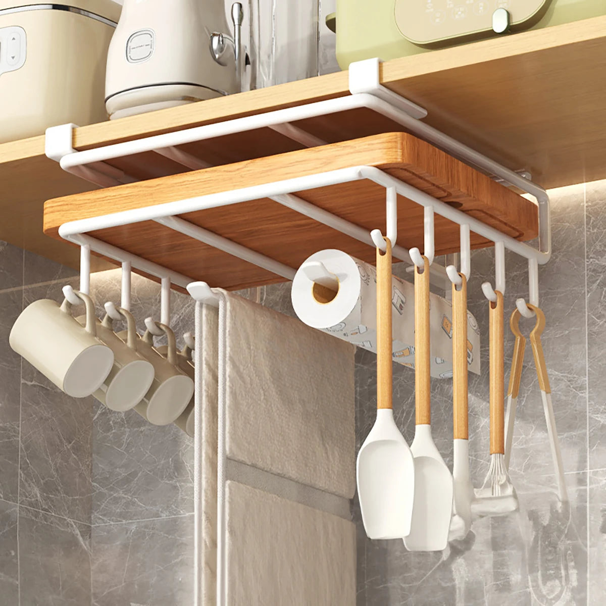 Installation-free under-cabinet rack made of stainless steel for utensils/paper towels Large capacity kitchen storage