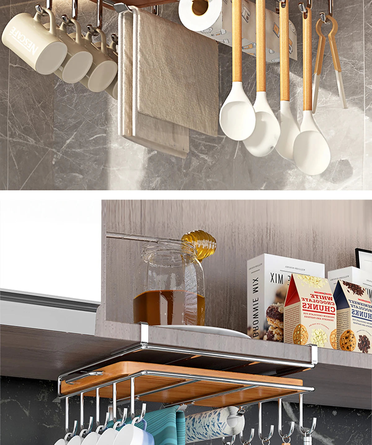 Installation-free under-cabinet rack made of stainless steel for utensils/paper towels Large capacity kitchen storage