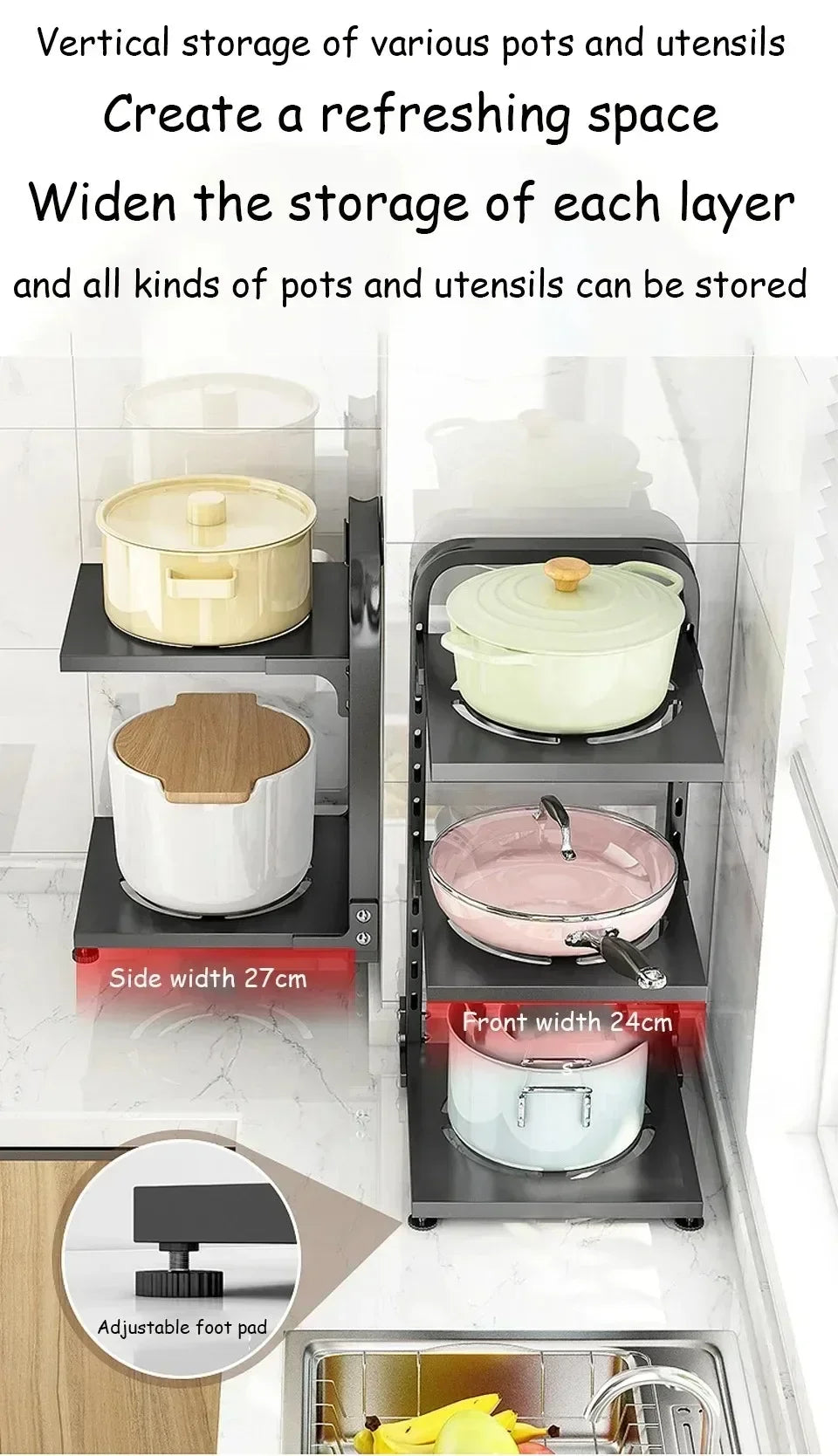 Kitchen Under Sink Pot Holder Multilayer Frying Pan Rice Cooker Seasoning Storage Rack Adjustable Stainless Steel Organizer