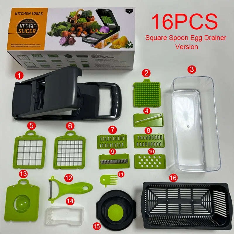 16 in 1 Multifunctional Vegetable Chopper Handle Food Cutter Onion Tomato Carrot Grater Kitchen Tools Vegetable Slicer Dicer Cut