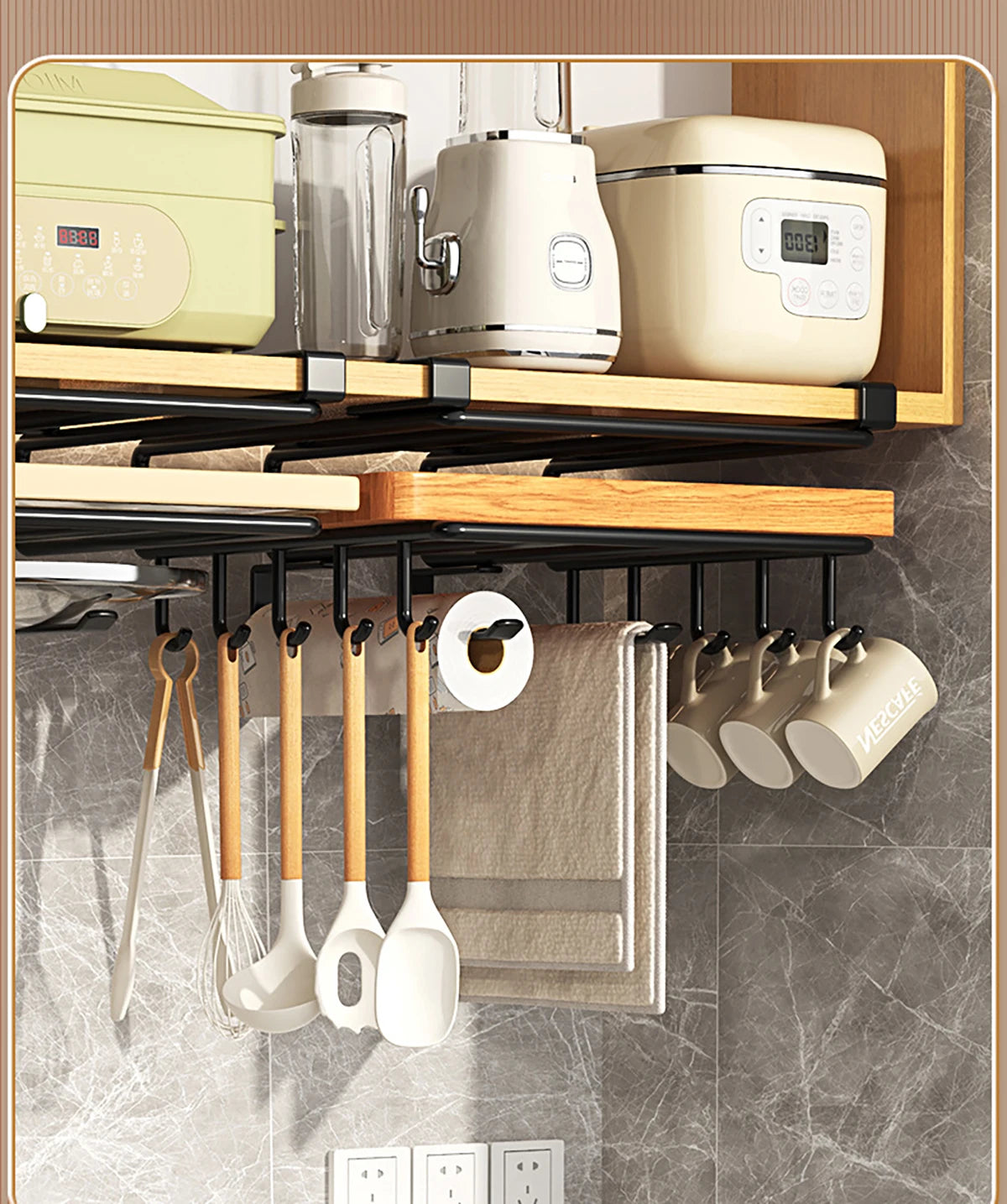 Installation-free under-cabinet rack made of stainless steel for utensils/paper towels Large capacity kitchen storage