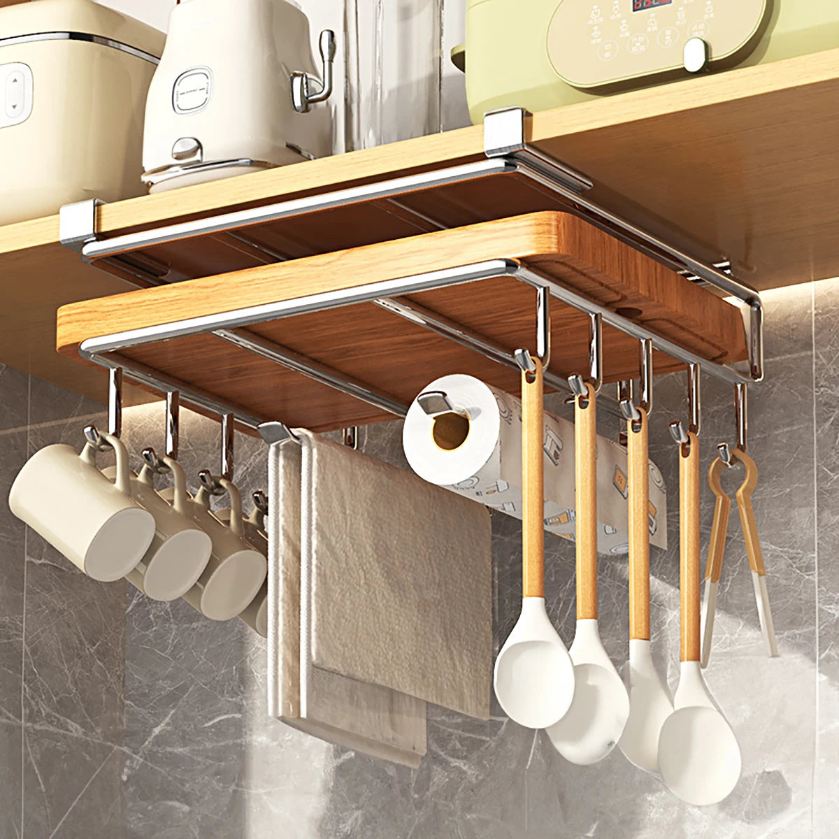 Installation-free under-cabinet rack made of stainless steel for utensils/paper towels Large capacity kitchen storage
