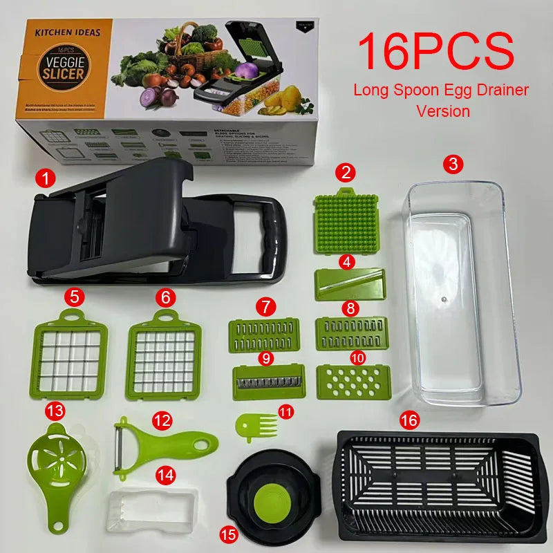 16 in 1 Multifunctional Vegetable Chopper Handle Food Cutter Onion Tomato Carrot Grater Kitchen Tools Vegetable Slicer Dicer Cut