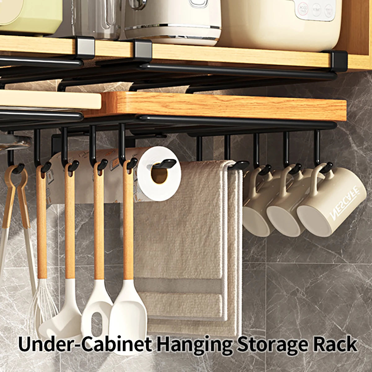 Installation-free under-cabinet rack made of stainless steel for utensils/paper towels Large capacity kitchen storage
