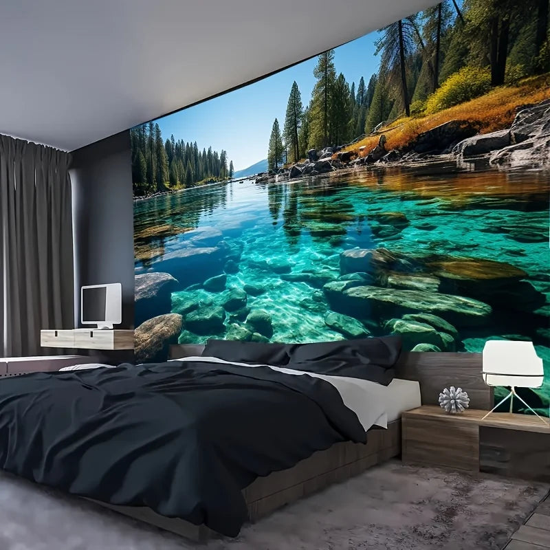 1 Piece Fresh Lake-View Landscape Tapestry-Polyester Material, Ideal for Living Room & Bedroom Decoration -with Installation Kit