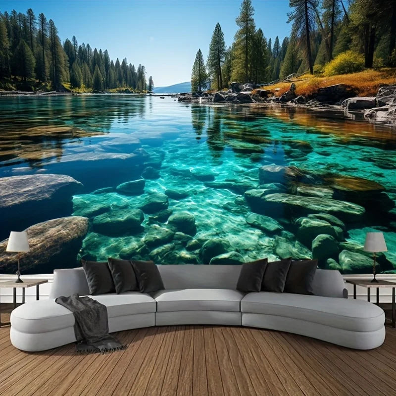 1 Piece Fresh Lake-View Landscape Tapestry-Polyester Material, Ideal for Living Room & Bedroom Decoration -with Installation Kit