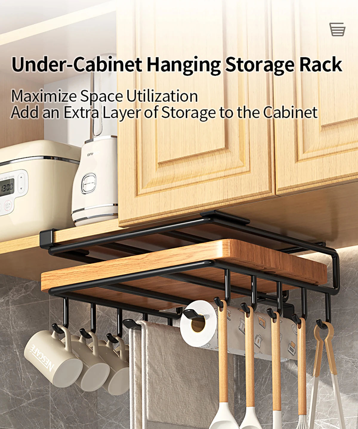 Installation-free under-cabinet rack made of stainless steel for utensils/paper towels Large capacity kitchen storage