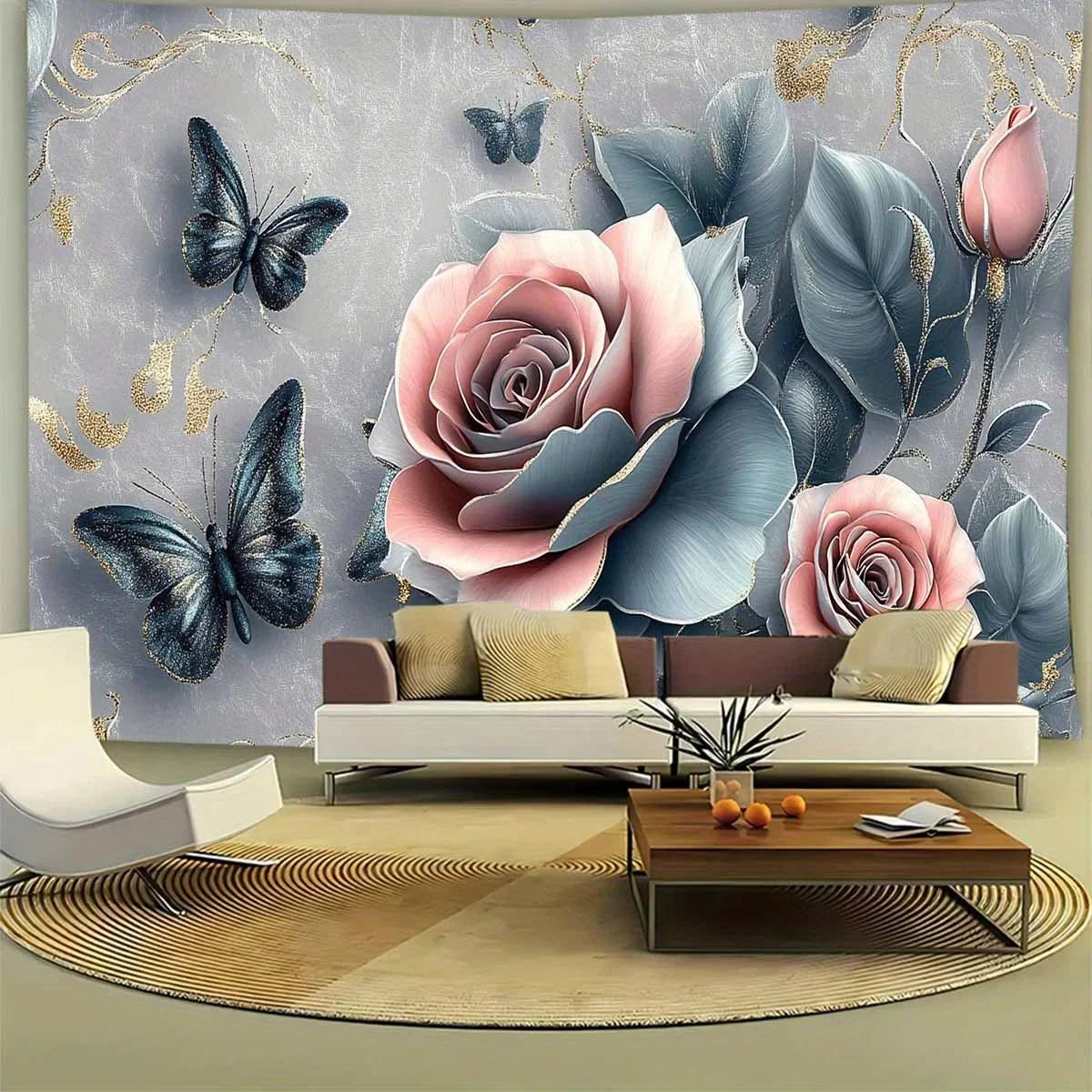 Elegant floral tapestry wall with pink rose and butterfly polyester fabric for living room or bedroom decorative tapestry