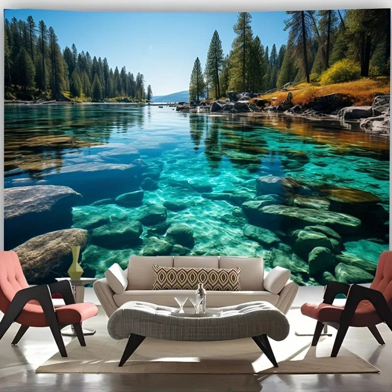 1 Piece Fresh Lake-View Landscape Tapestry-Polyester Material, Ideal for Living Room & Bedroom Decoration -with Installation Kit