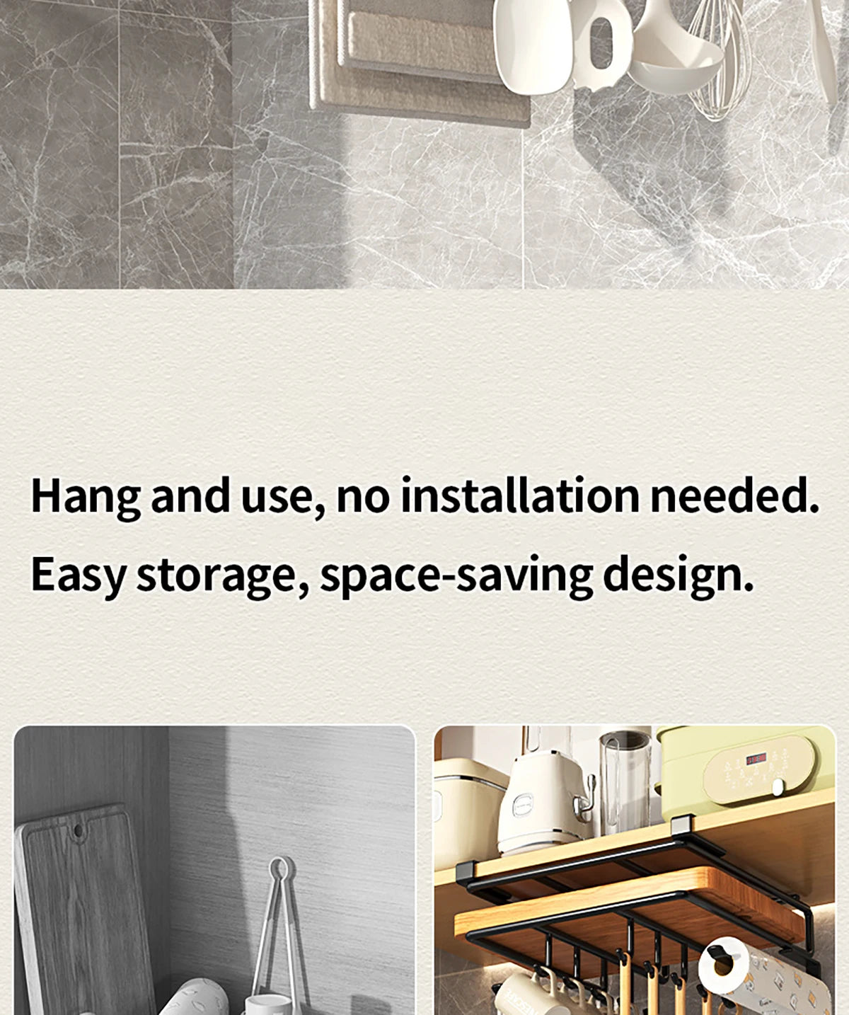 Installation-free under-cabinet rack made of stainless steel for utensils/paper towels Large capacity kitchen storage