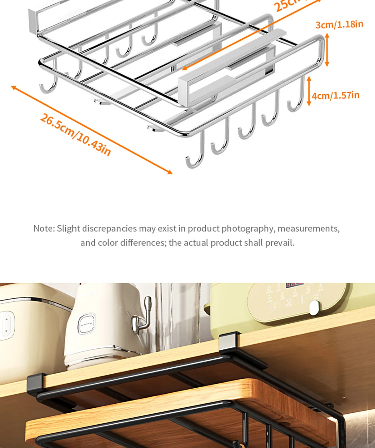Installation-free under-cabinet rack made of stainless steel for utensils/paper towels Large capacity kitchen storage
