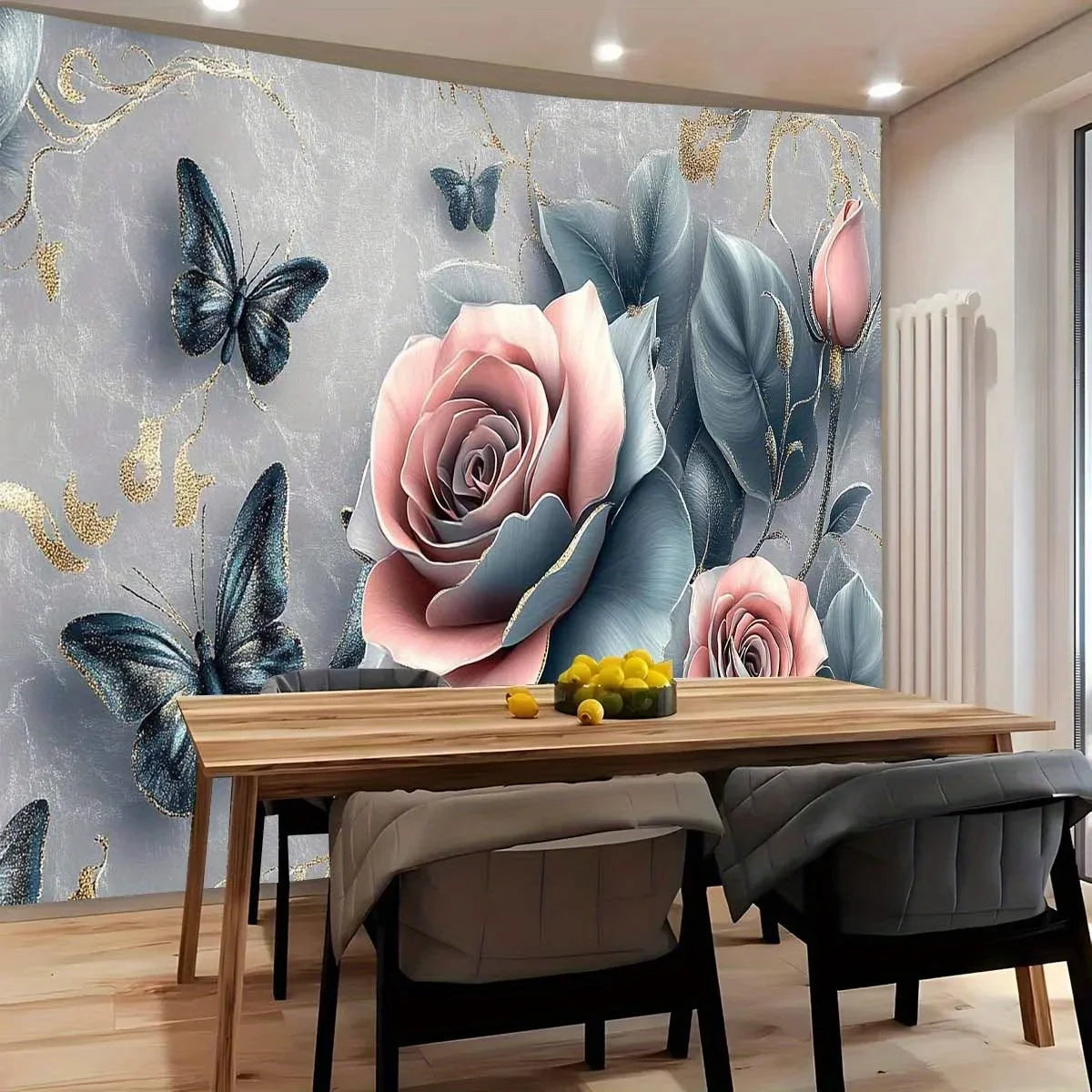 Elegant floral tapestry wall with pink rose and butterfly polyester fabric for living room or bedroom decorative tapestry