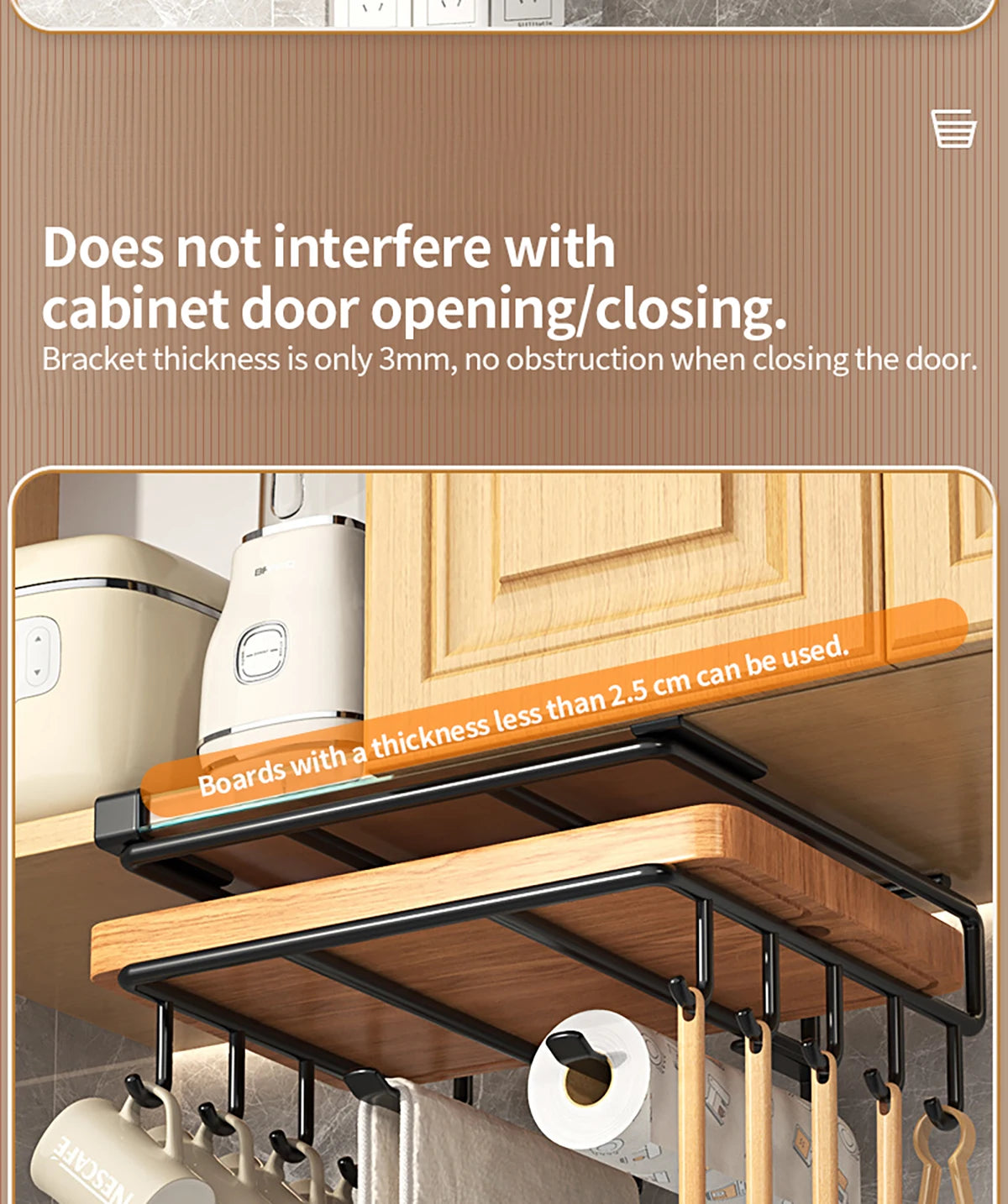 Installation-free under-cabinet rack made of stainless steel for utensils/paper towels Large capacity kitchen storage
