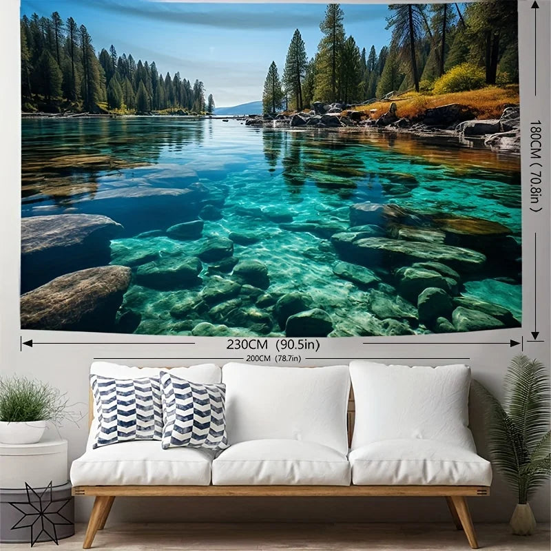 1 Piece Fresh Lake-View Landscape Tapestry-Polyester Material, Ideal for Living Room & Bedroom Decoration -with Installation Kit