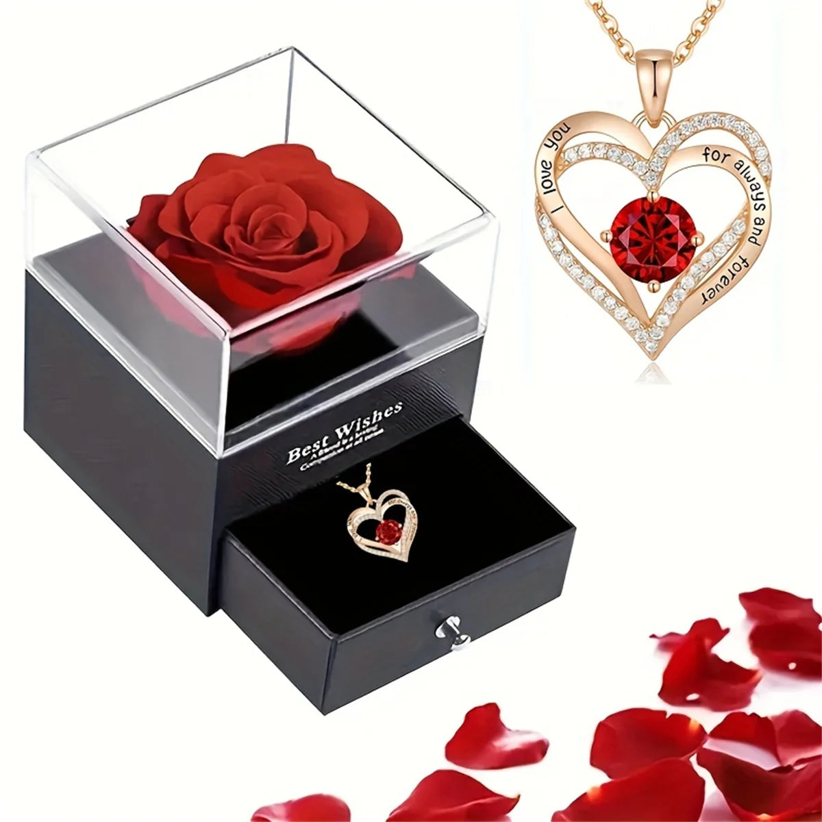 Luxury Red Zircon Necklace Rose Flower Gift Box for Her, 2026 Trendy "I Love You" Jewelry