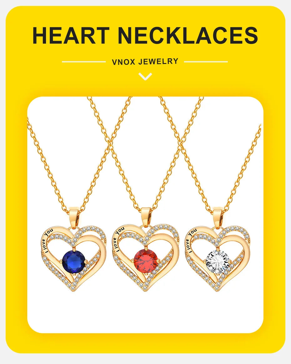 Vnox Heart Necklace for Women, Birthstone Heart I Love You Jewelry Necklaces for Mom Girlfriend Wife, Mother's Day Gift