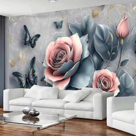 Elegant floral tapestry wall with pink rose and butterfly polyester fabric for living room or bedroom decorative tapestry