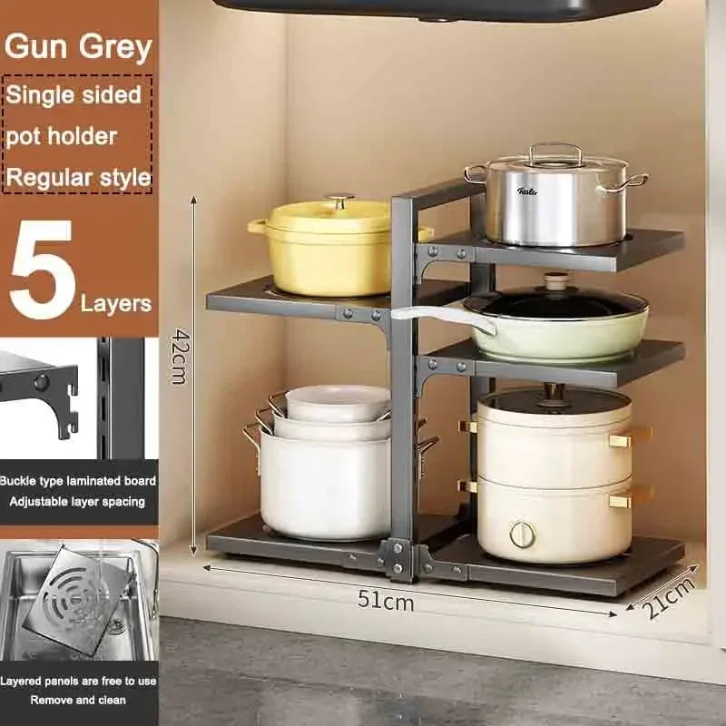 Kitchen Under Sink Pot Holder Multilayer Frying Pan Rice Cooker Seasoning Storage Rack Adjustable Stainless Steel Organizer
