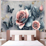 Elegant floral tapestry wall with pink rose and butterfly polyester fabric for living room or bedroom decorative tapestry