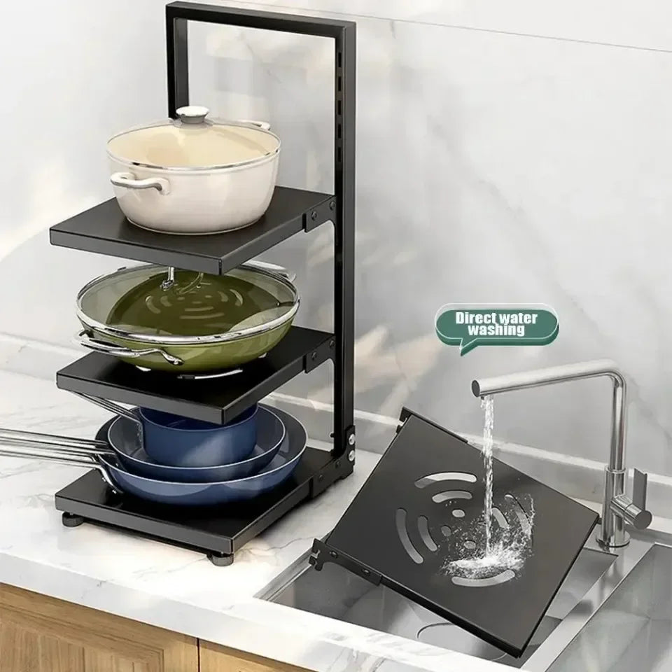 Kitchen Under Sink Pot Holder Multilayer Frying Pan Rice Cooker Seasoning Storage Rack Adjustable Stainless Steel Organizer