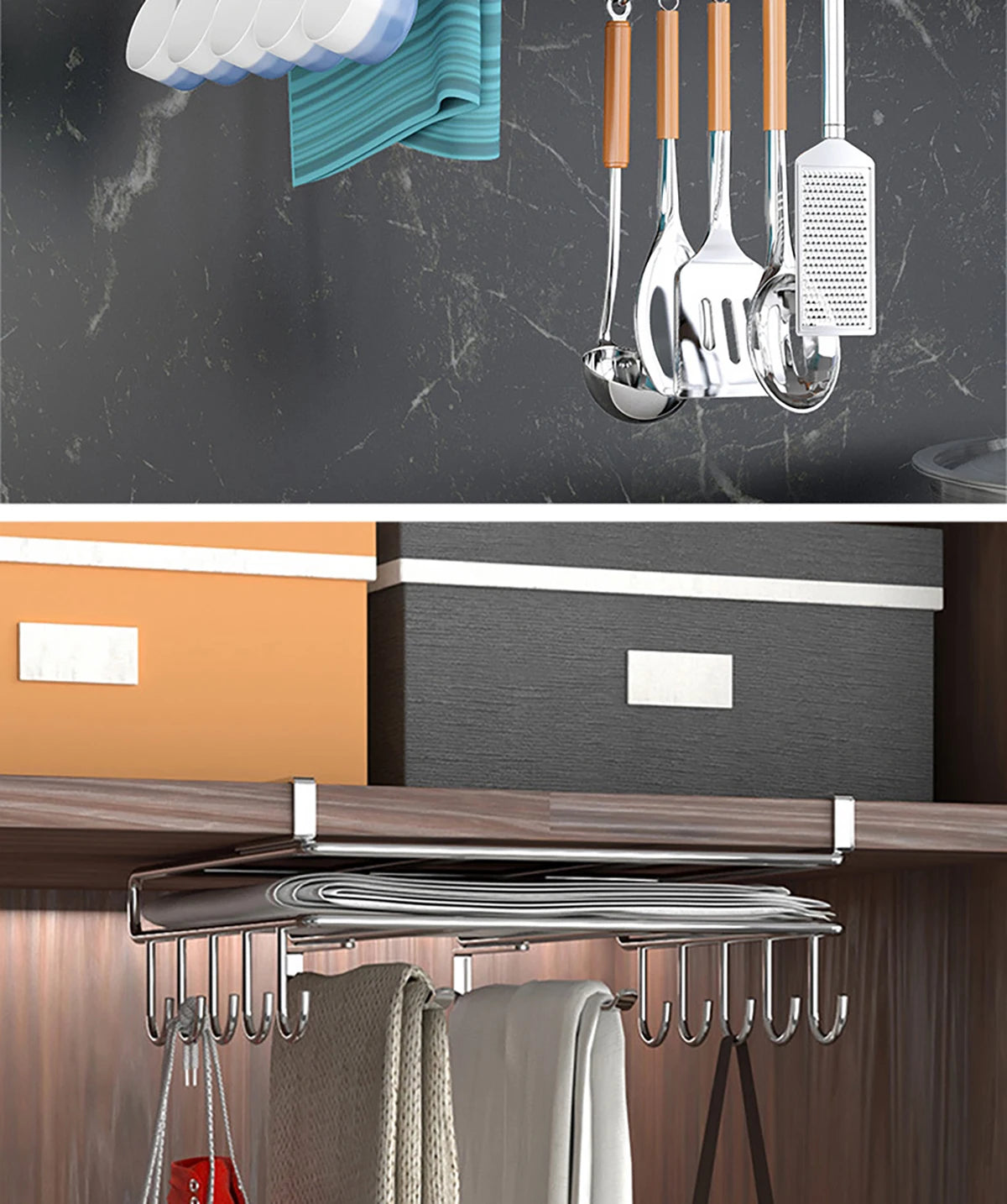 Installation-free under-cabinet rack made of stainless steel for utensils/paper towels Large capacity kitchen storage