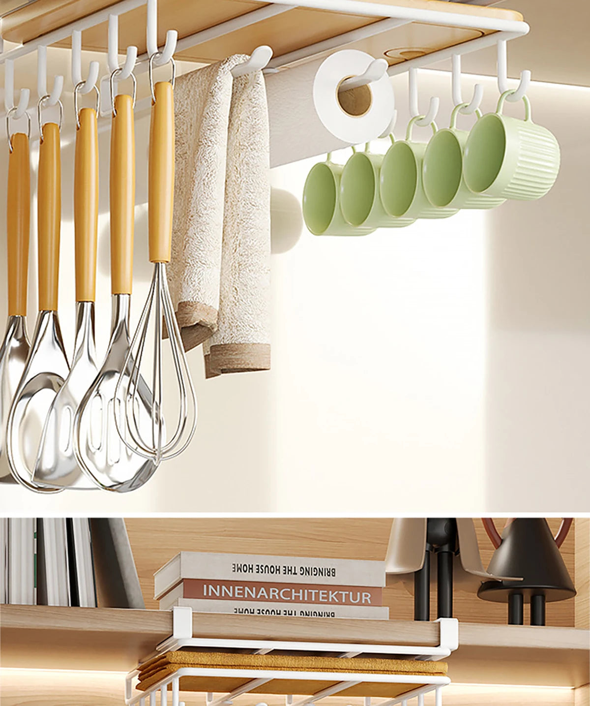 Installation-free under-cabinet rack made of stainless steel for utensils/paper towels Large capacity kitchen storage
